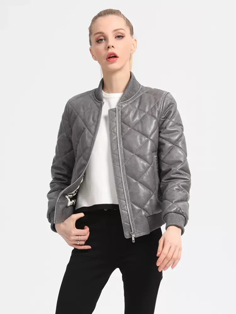 New Women Genuine Leather Coat Autumn Winter Casual Streetwear Style Thicken Sheepskin Baseball Jacket Slim Short Outerwear