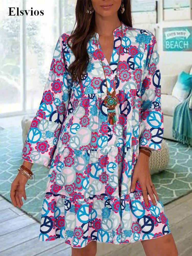 

Женское винтажное платье-трапеция с цветочным принтом, свободного покроя, с V-образным вырезом