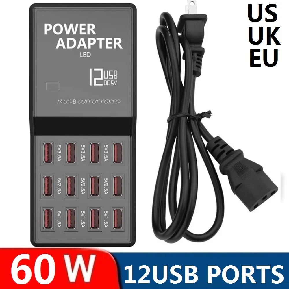 

Multi Port Charger 12 USB 12A Power 60W Quick Charge Station For iPhone 12 13 iPad Samsung Huawei Nexus AC Adapter