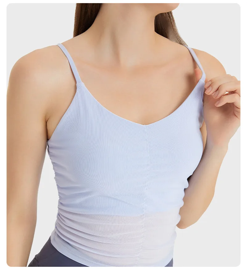 Solid Color Women Fitness Bra Mesh Pleats Breathable Sports Tank  Crop Top Gym Yoga Underwear Comprehensive Training Chest Pad