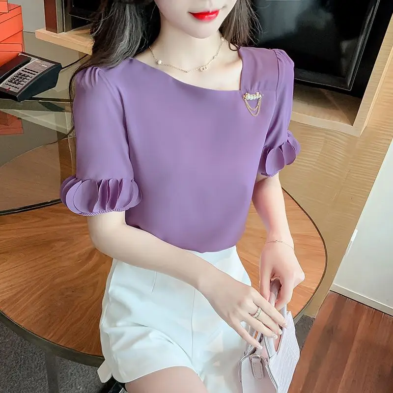 

Simplicity Elegant Solid Color Short Sleeve Shirt Summer Women's Clothing New Casual Korean Skew Collar Spliced Chiffon Blouse