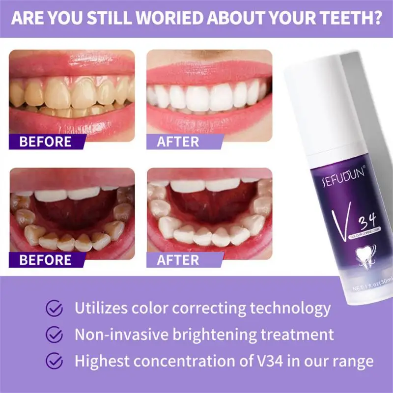 

V34 Colour Corrector Teeth Whitening Toothpaste Oral Cleaning Repair Fresh Breath Remove Stain Adult Oral Care Ingredient Safety