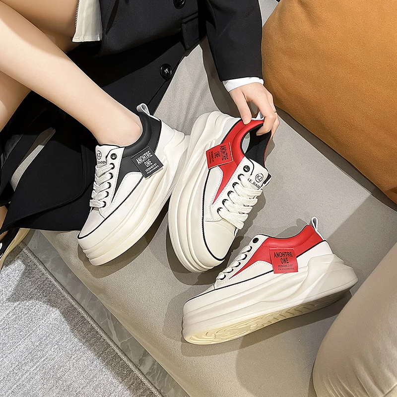 Autuspin Fashion Platform Skateboard Shoes Women Autumn New Arrival Genuine Leather Lace-up Casual Vulcanized Sneakers Woman