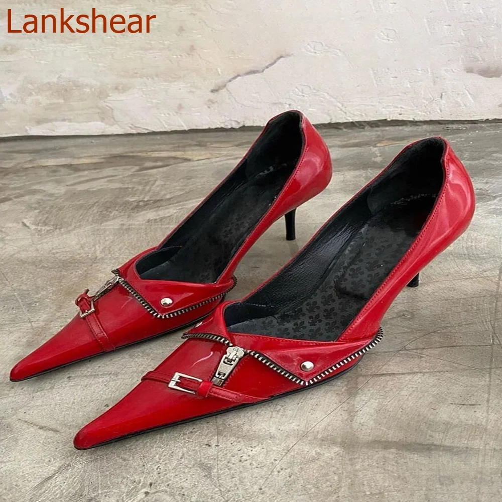 Женские туфли на молнии с острым носком однотонные тонком каблуке без застежки