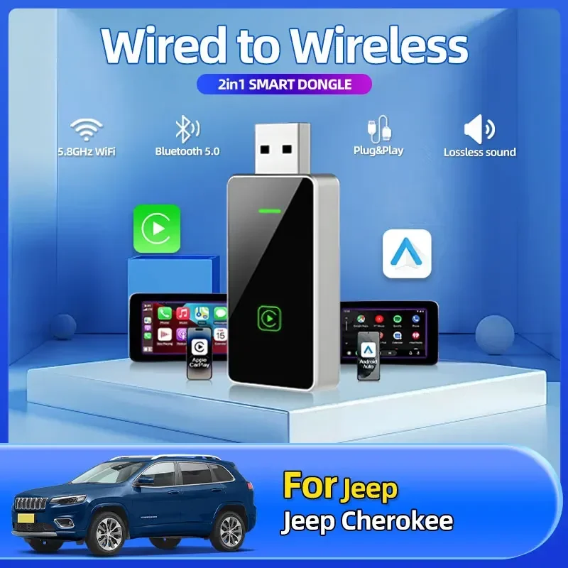 Фото 2025 модный новый 2в1 беспроводной автомобильный игровой адаптер Android Auto USB Smart Mini Box Plug and Play автомобильные аксессуары для Jeep Cherokee №1