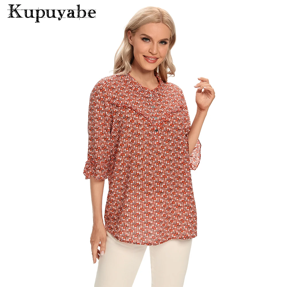 KUPUYABE Womens  T-shirt Polyester Printed Chiffon Shirt with Buttons 3/4 Sleeves Ruffle Collar Breathable Top