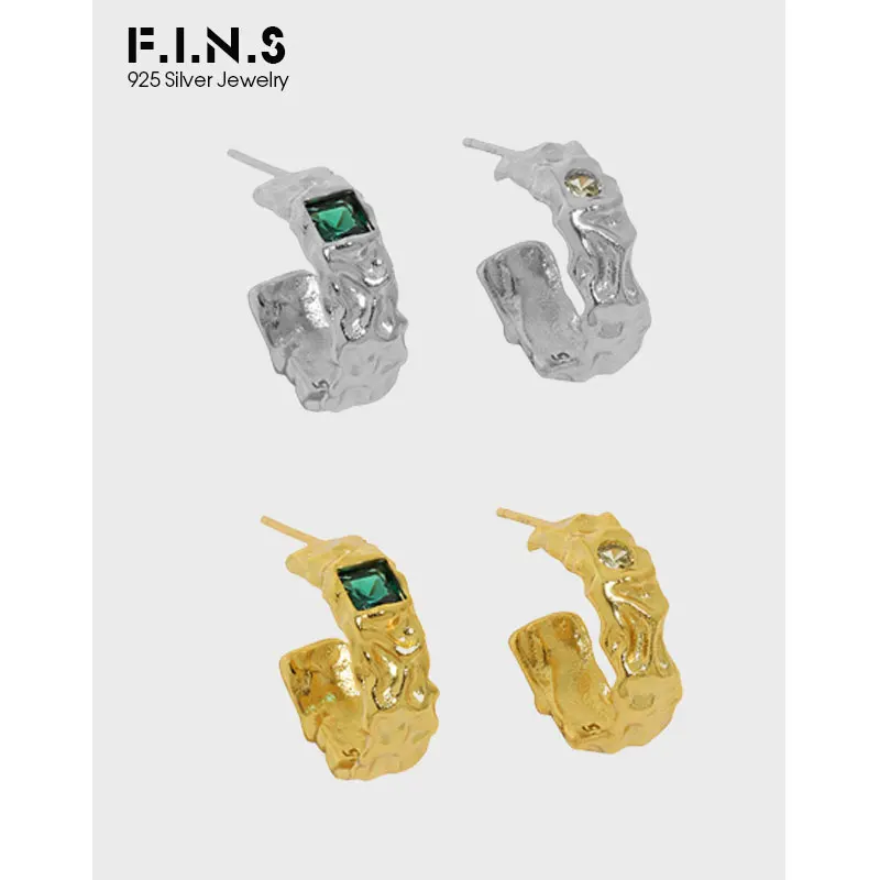 

F.I.N.S Irregular Fold Surface Asymmetric Zircon 100% S925 Sterling Silver Earrings for Women C-Shaped Round Hoop Earring Jewels