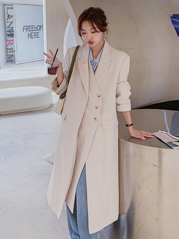 LANMREM Irregular Spliced Trench Coat For Women Solid Notched Single Breasted Long Sleeve Mid-length Windbreaker Winter 2Q1291