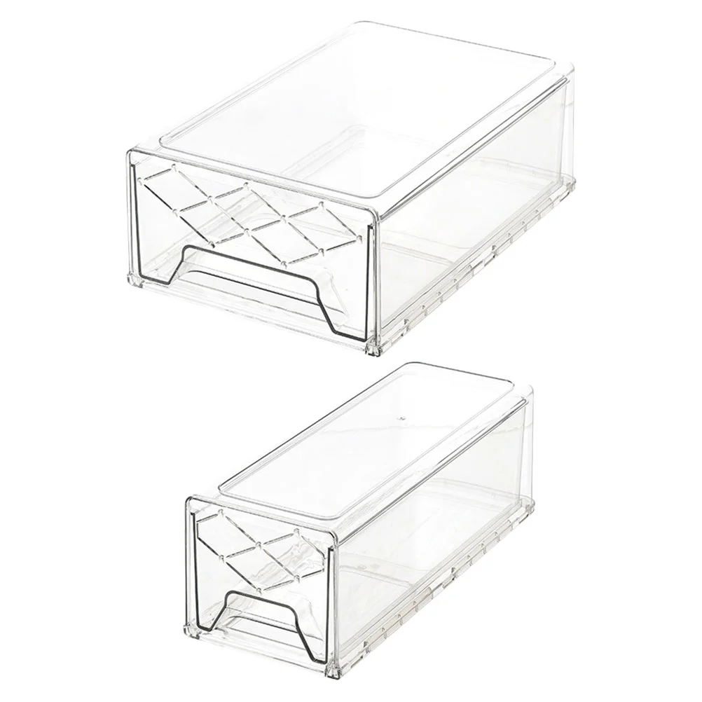 

2 Pcs Fridge Space Saver Drawer Storage Bins Egg Holder Condiment Containers Stackable Dish Cover Cereal Clear Refrigerator Bo