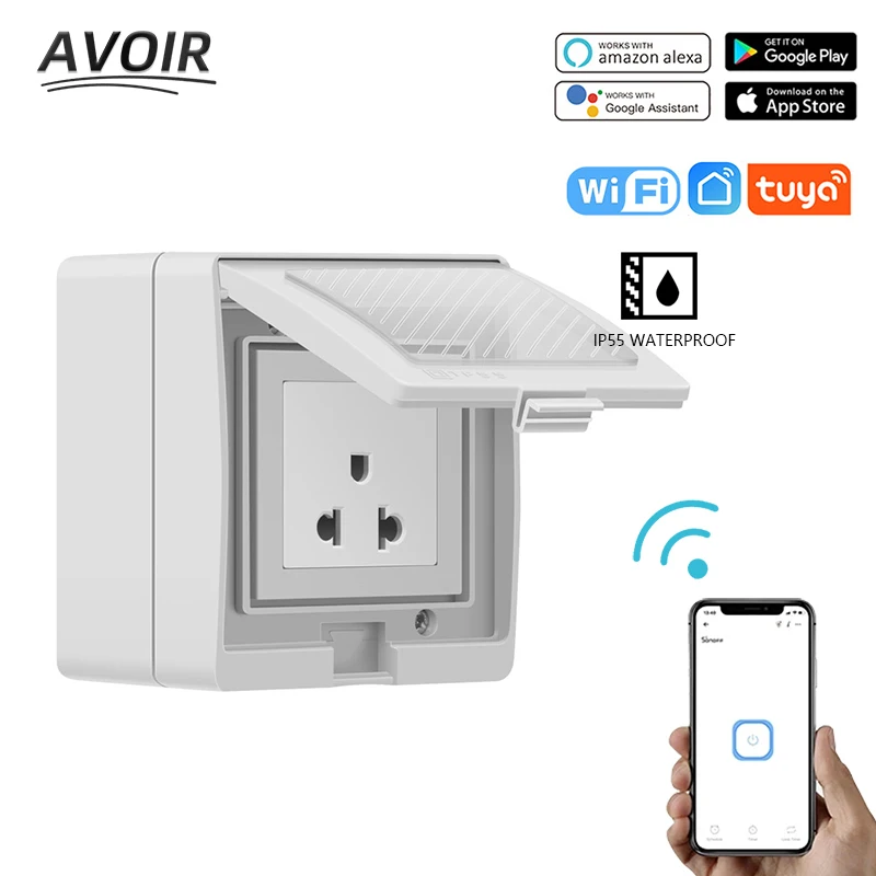 

Avoir Tuya Smart Power Socket With IP55 Waterproof Cover Wifi Connected Outdoor Electrical Outlets EU FR UK US Plugs PC Material