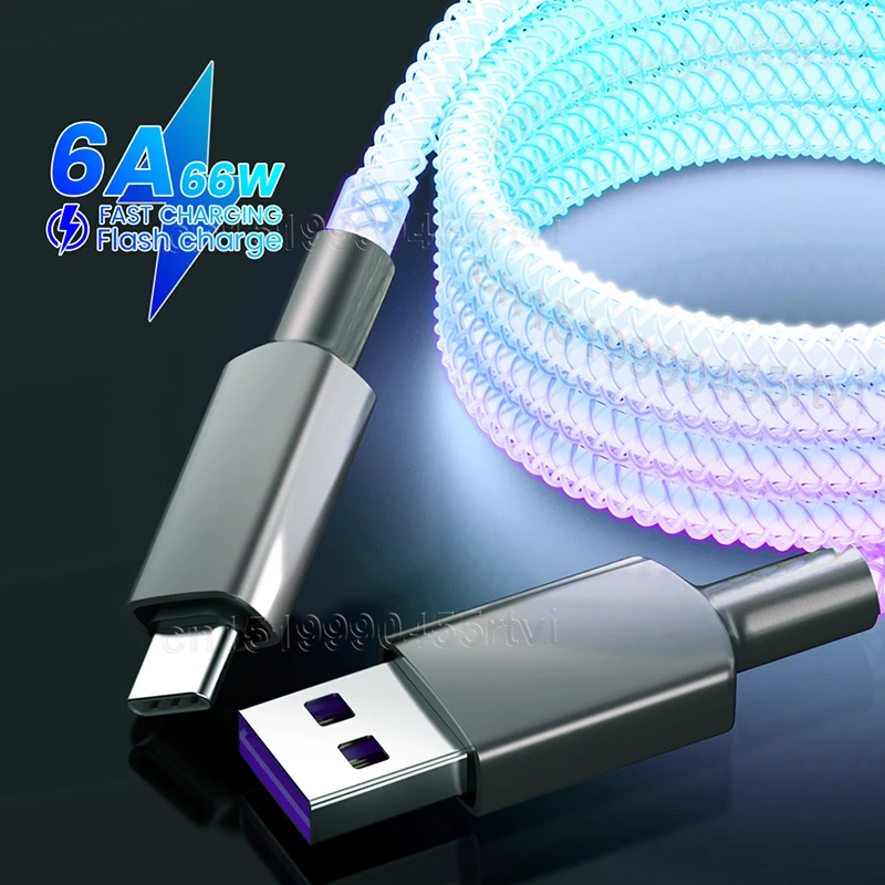 

USB Cable For iPhone 13 12 11 Pro Max X XR XS 8 7 6s 5s Fast Data Charging Charger USB Wire Cord 6A LED Glowing Cable For Huawei