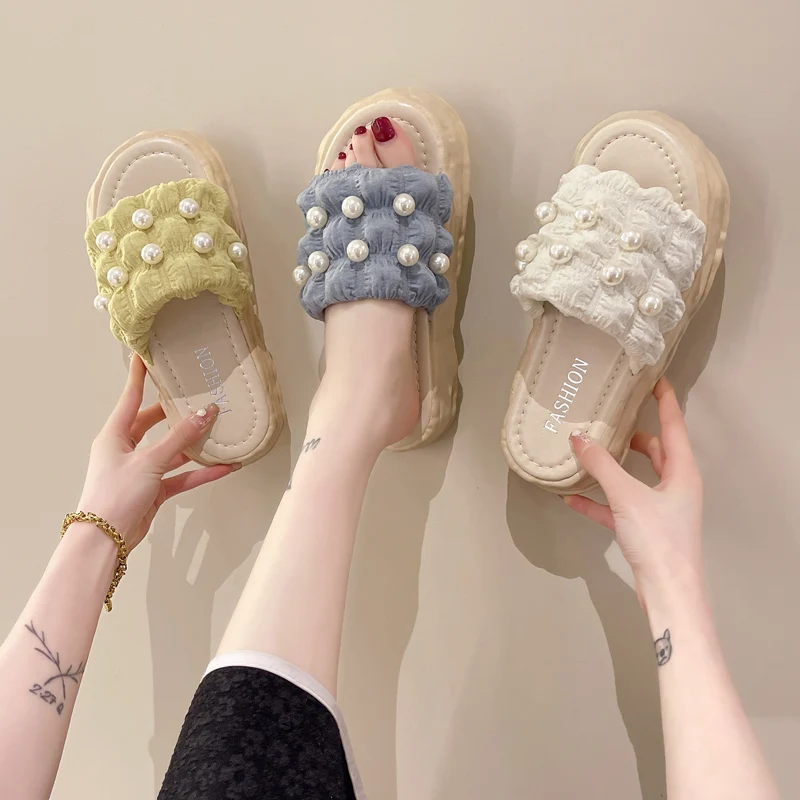 

String Bead Female Shoes Slippers Flat Slides Med Platform Fashion 2022 Luxury Fabric PU Rubber Cotton House Slippers Platform S