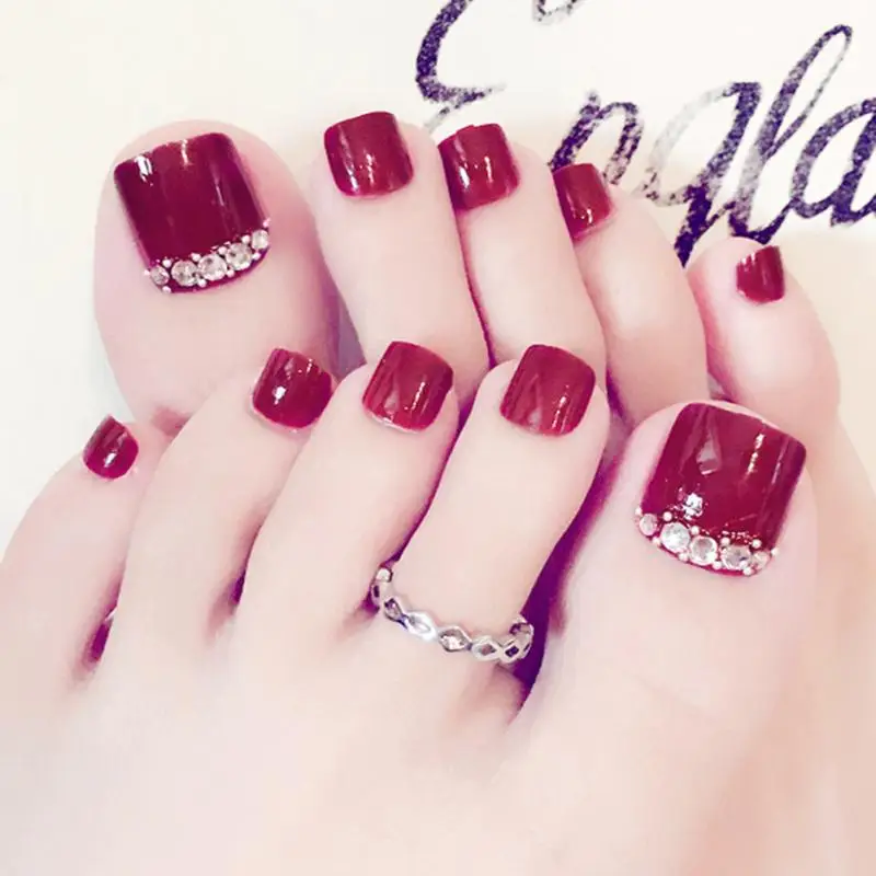 Unhas falsas com cola 24 pçs destacável vinho vermelho toenail remendo unhas arte decoração do prego beleza produtos