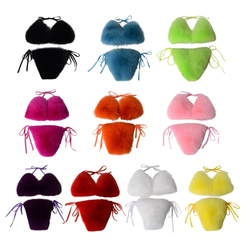 

Women Sexy 2pcs Faux Fur Set Halter Swimsuit Solid Color Plush Clubwear