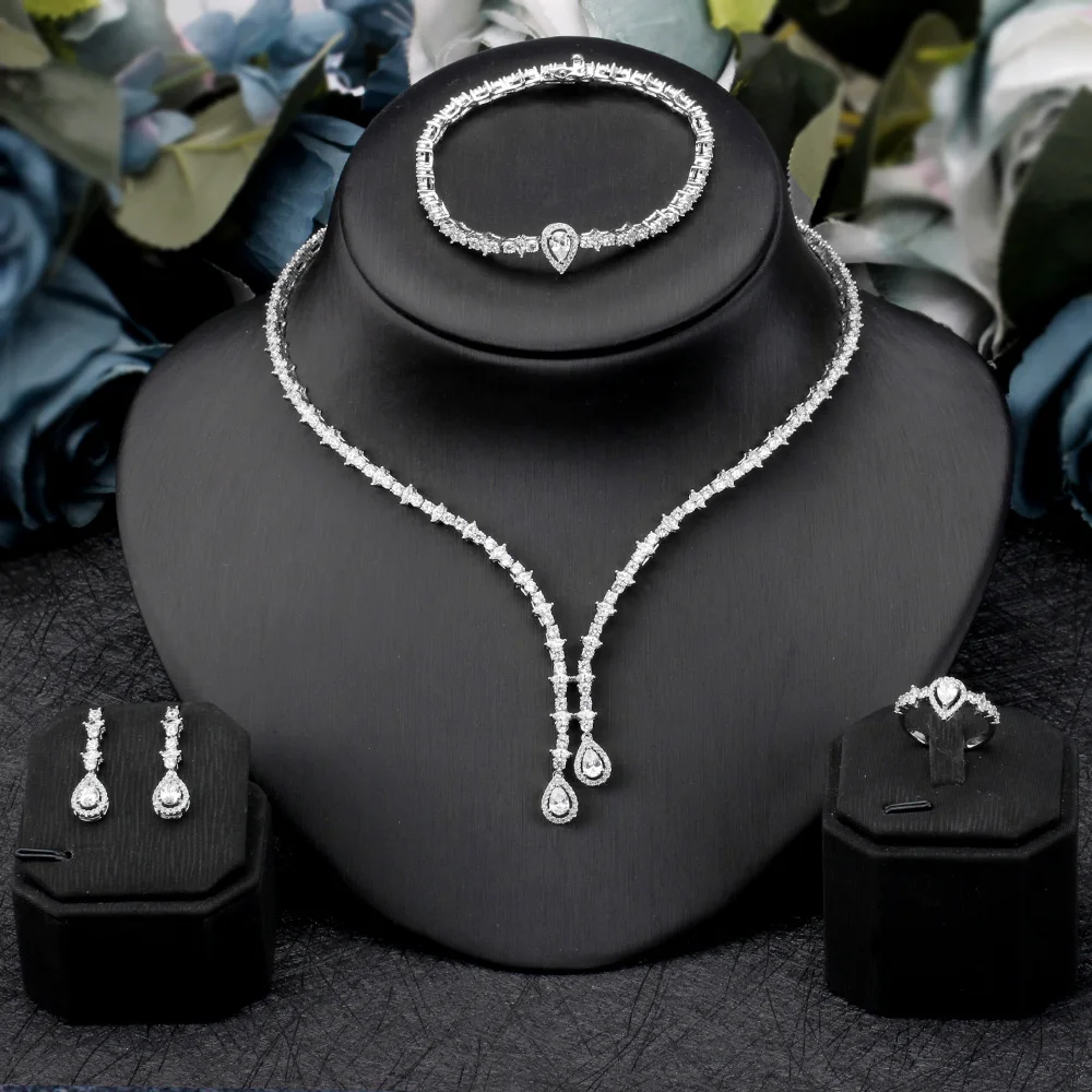 Комплект свадебных украшений высокого качества, серьги и ожерелье с фианитом класса ААА для женщин, Свадебный комплект ювелирных украшений...