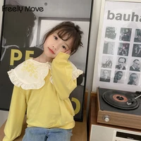 freely move new korean children sweatershirt girls sweet hoodies spring 2022 new lace embroidery lapel solid girl pullover