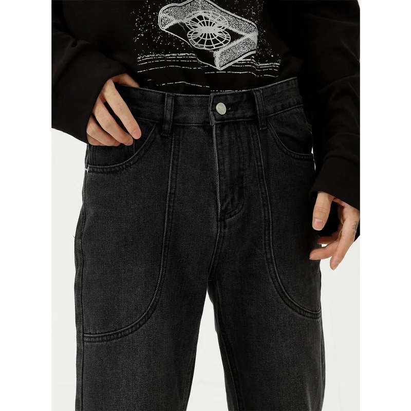 Baggy Jeans Cargo Pants Men Black Washed Denim Trousers Trendy Straight Micro Flared Jeans