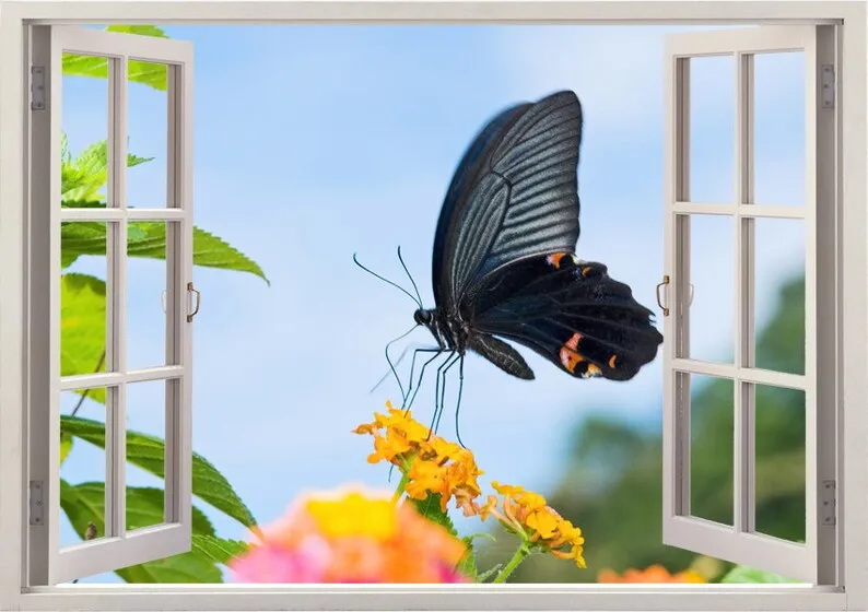 

Black swallowtail butterfly wall sticker 3D window, flowers wall decal for home decor, nature wall art for nursery kids children
