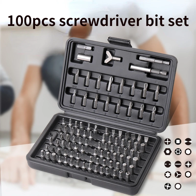 

100pcs Screwdriver Bit Set Security Chrome Vanadium CR-V Steel Hex Key Phillips Slotted Tri-Wing Repair Hand Tool Kit