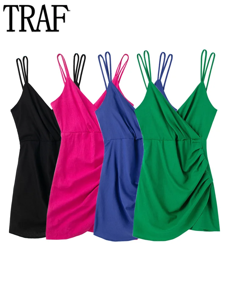 

TRAF Green Sexy Slip Dress Woman Rose Ruched Mini Dress Backless Woman Summer Dresses Woman 2022 Straps Pleated Party Dresses