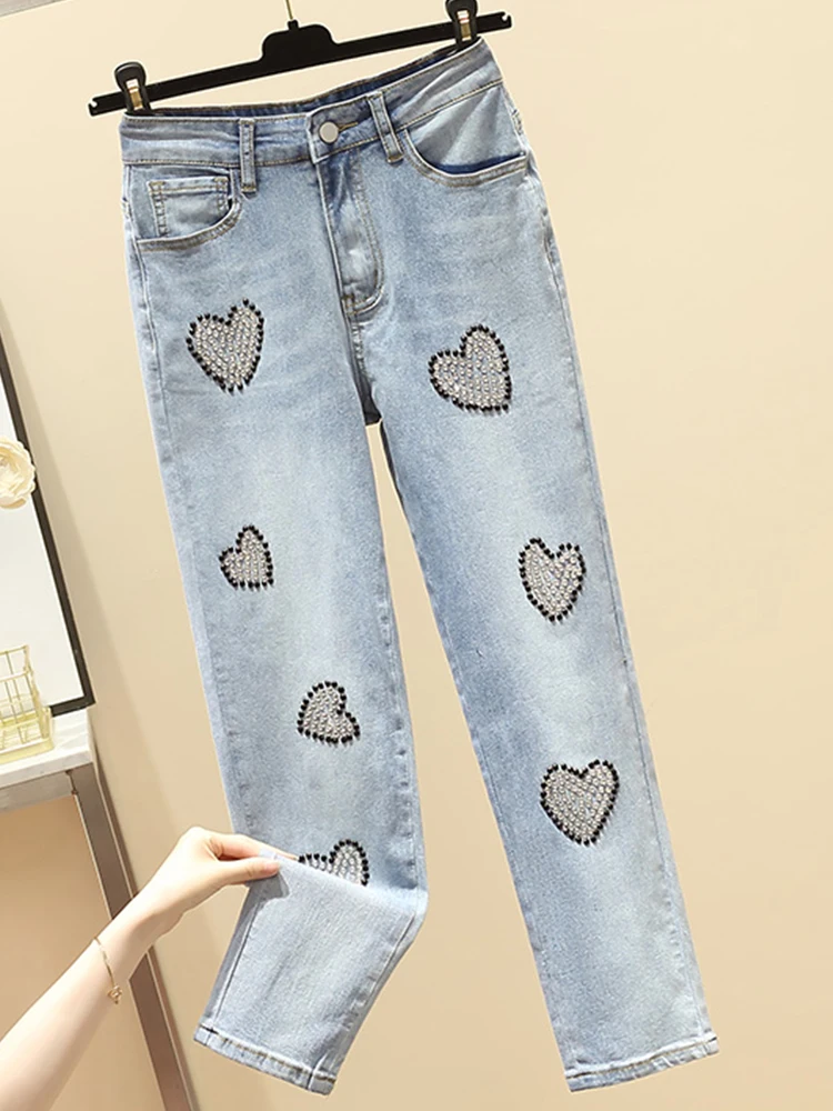S-3Xl Casual Stretch Jeans With Studded Diamonds And High Waisted Straight Leg Pants 2023 New Korean Fashion Women'S Clothing
