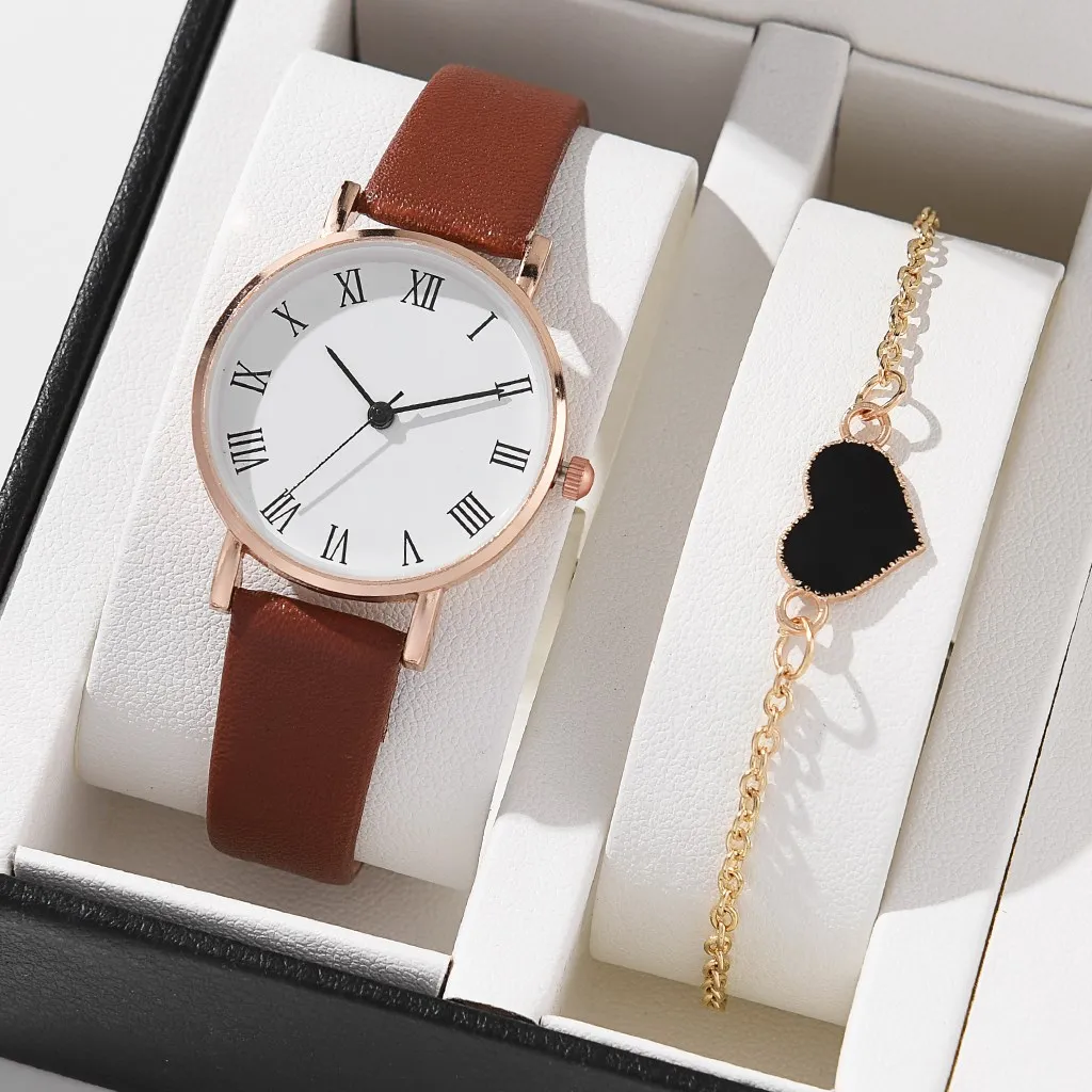 2PCS Women Watch Luxury Elegant Alloy Watch PU Leather Strap Wristwatch For Ladies Quartz Watch Black Heart Bracelet NO BOX