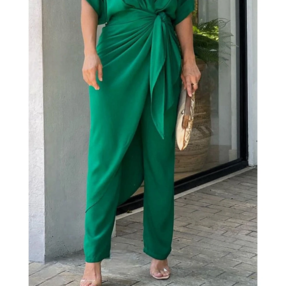 Lady Solid Elegant Two Pieces Set Women Short Sleeve V-Neck Long Top & High Waist Pencil Pants Set Elegant Woman Clothing