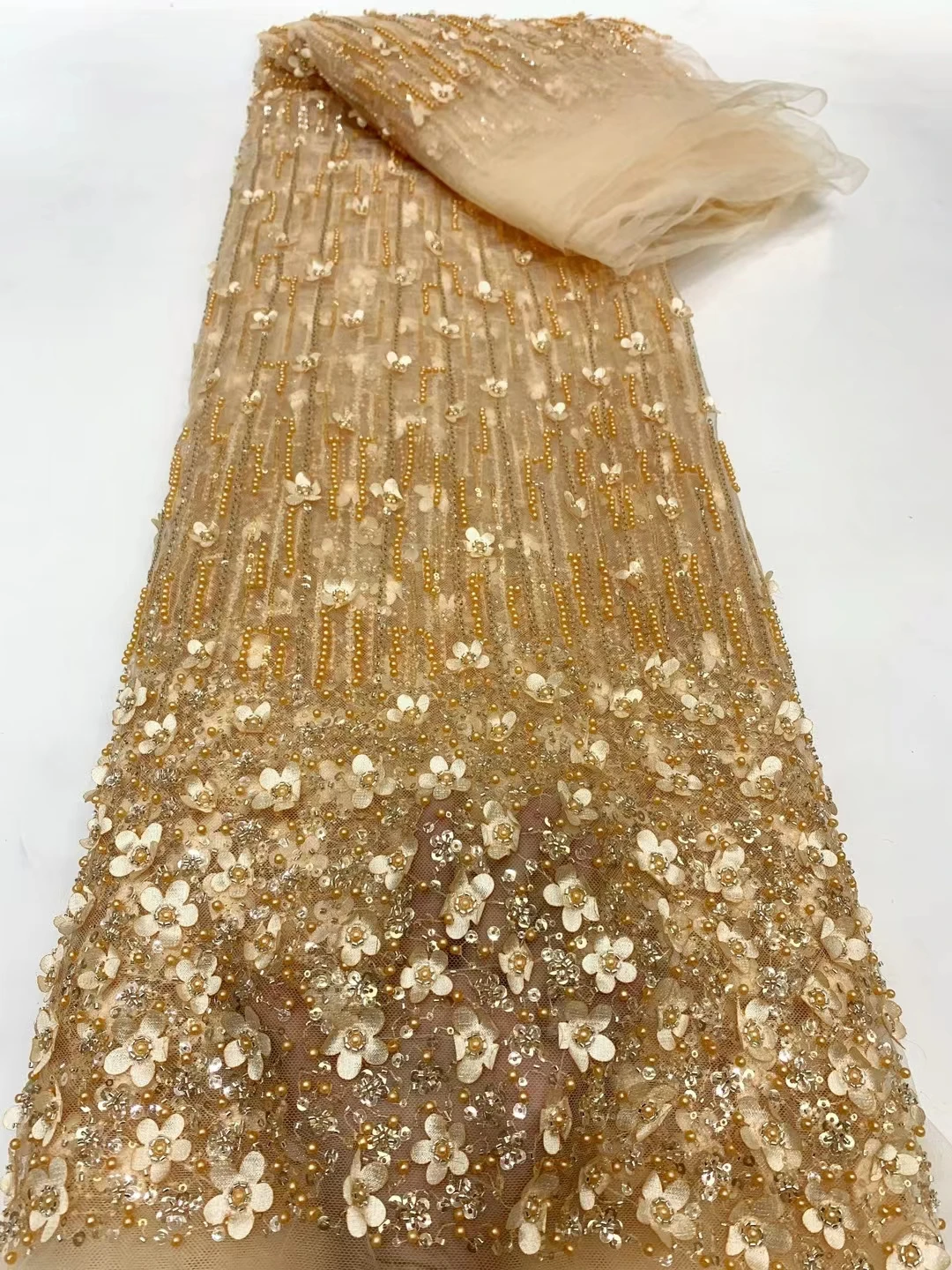 5 ярдов Африканский французский ручной работы 3D цветок с бусинами тюль кружево