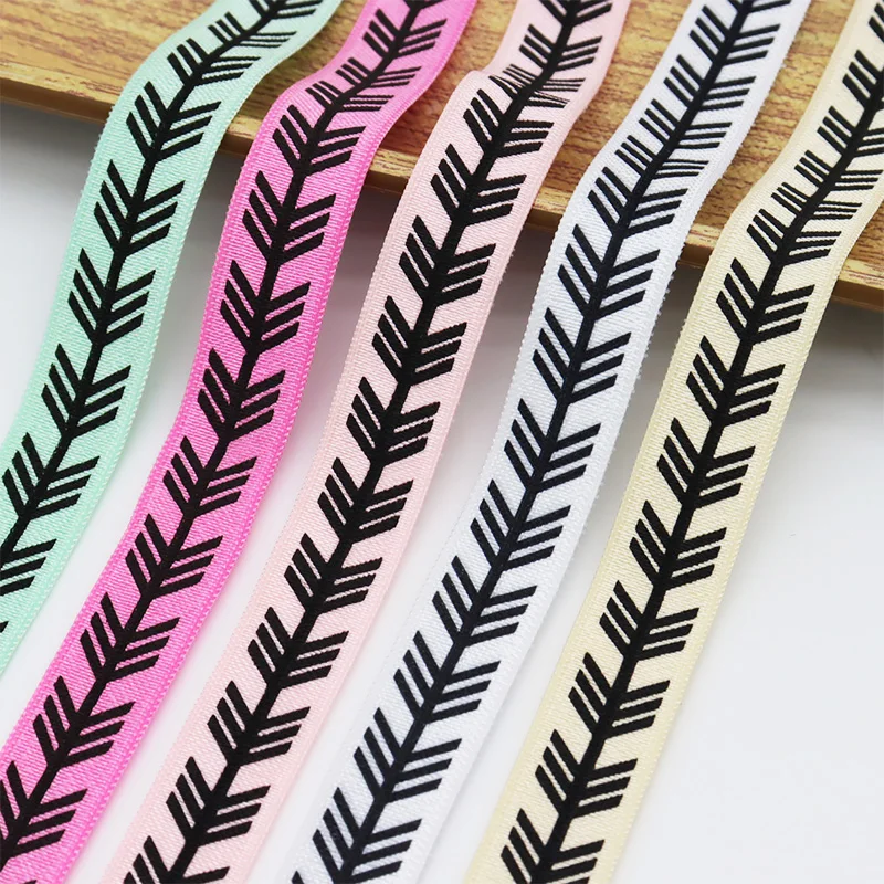 

10Yards 5/8" 15mm Heat Transfer Black Feather Printed FOE Fold Over Elastic Ribbon For DIY Handmade Hair Bows Party Decoration