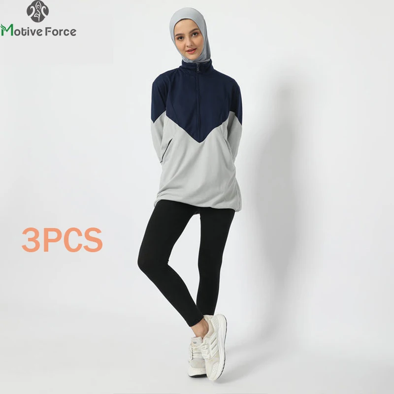 3PCS Muslimischen Modest Sport Wear Sets Für Frau Sport Hijab Frauen Langarm Tops Islamischen Mode Kleidung Bluse Lange top Hosen