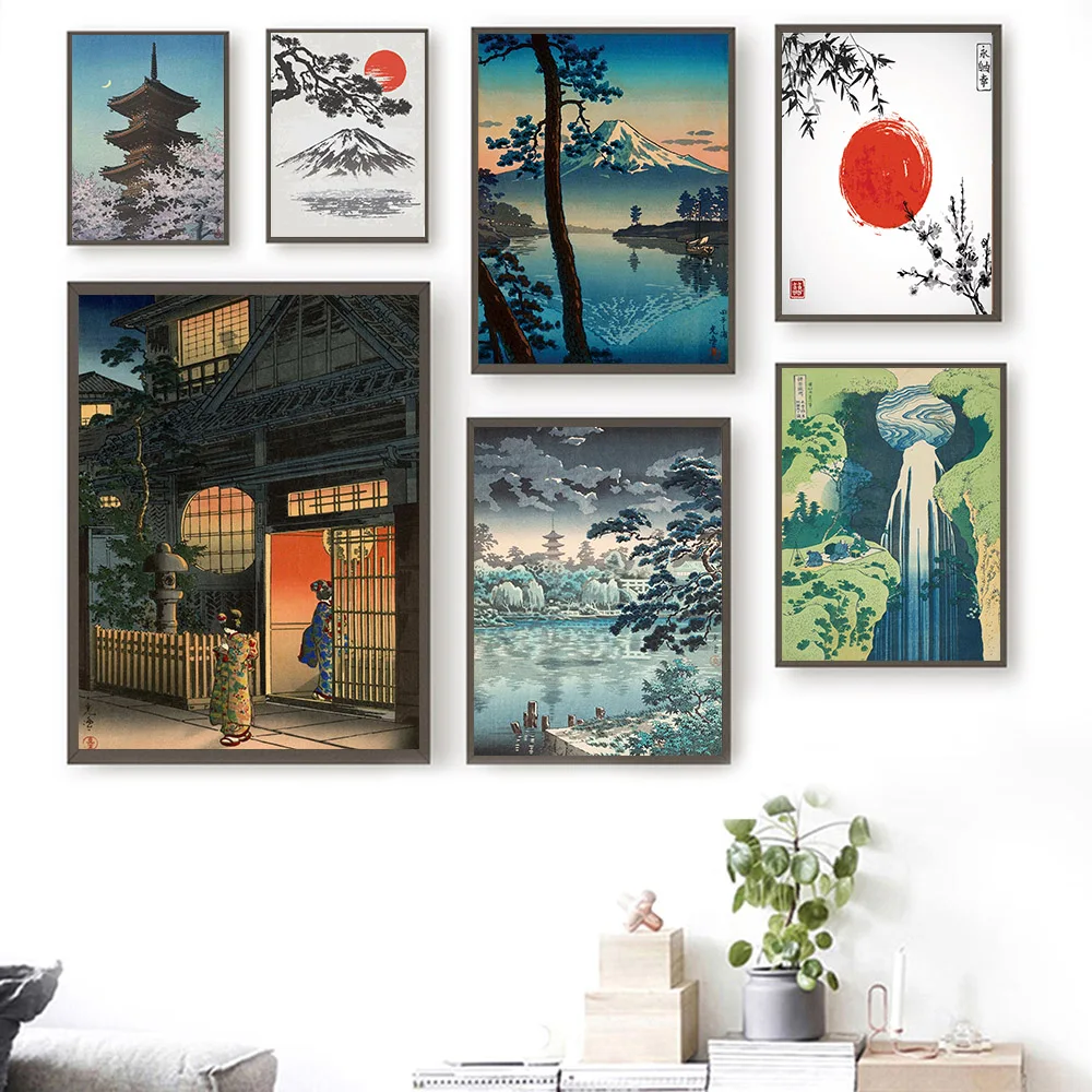 Японский горный озеро ретро искусство пейзаж холст живопись стены Искусство