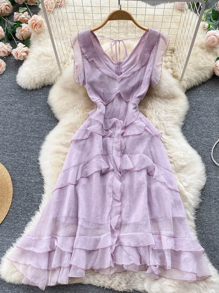 

2022 Women Summer Dress Female Euro Chiffon Ruffles Hem Sleeveless V-Neck Ruffles Folds Stack-up Gauze Knee-length Ladies Dress