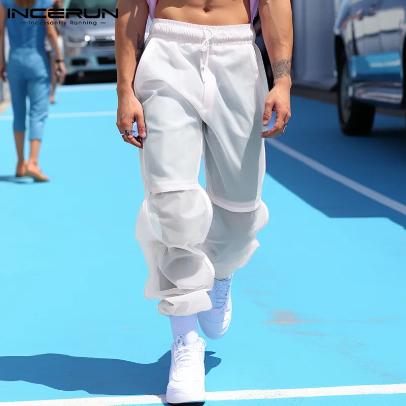 INCERUN 2024 брюки в американском стиле новые мужские прозрачные сетчатые длинные