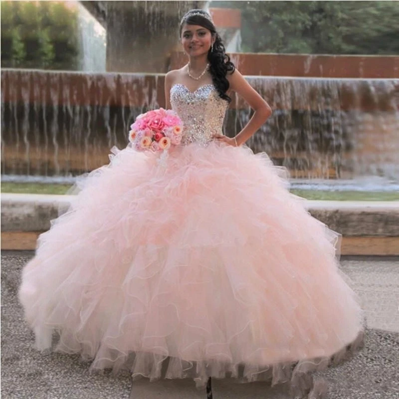 

GUXQD Pink Sweetheart Ball Gown Quinceanera Dresses Vestidos De 15 Anos Sparkly Crystal Organza Masquerade Birthday Party Gowns