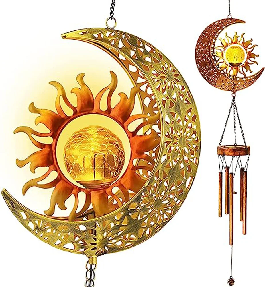 

Solar Wind Chimes-Outdoor Outside Garden Decorative Wind Chime Light with Cracked Ball-Waterproof Metal LED Hanging Chime Decor