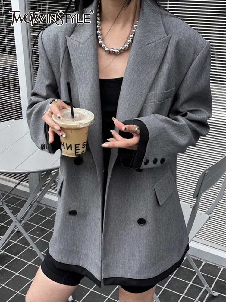 

TWOTWINSTYLE Hit Color Minimalist Blazers For Women Notched Collar Long Sleeve Patchwork Double Breasted Blazer Female Fashion