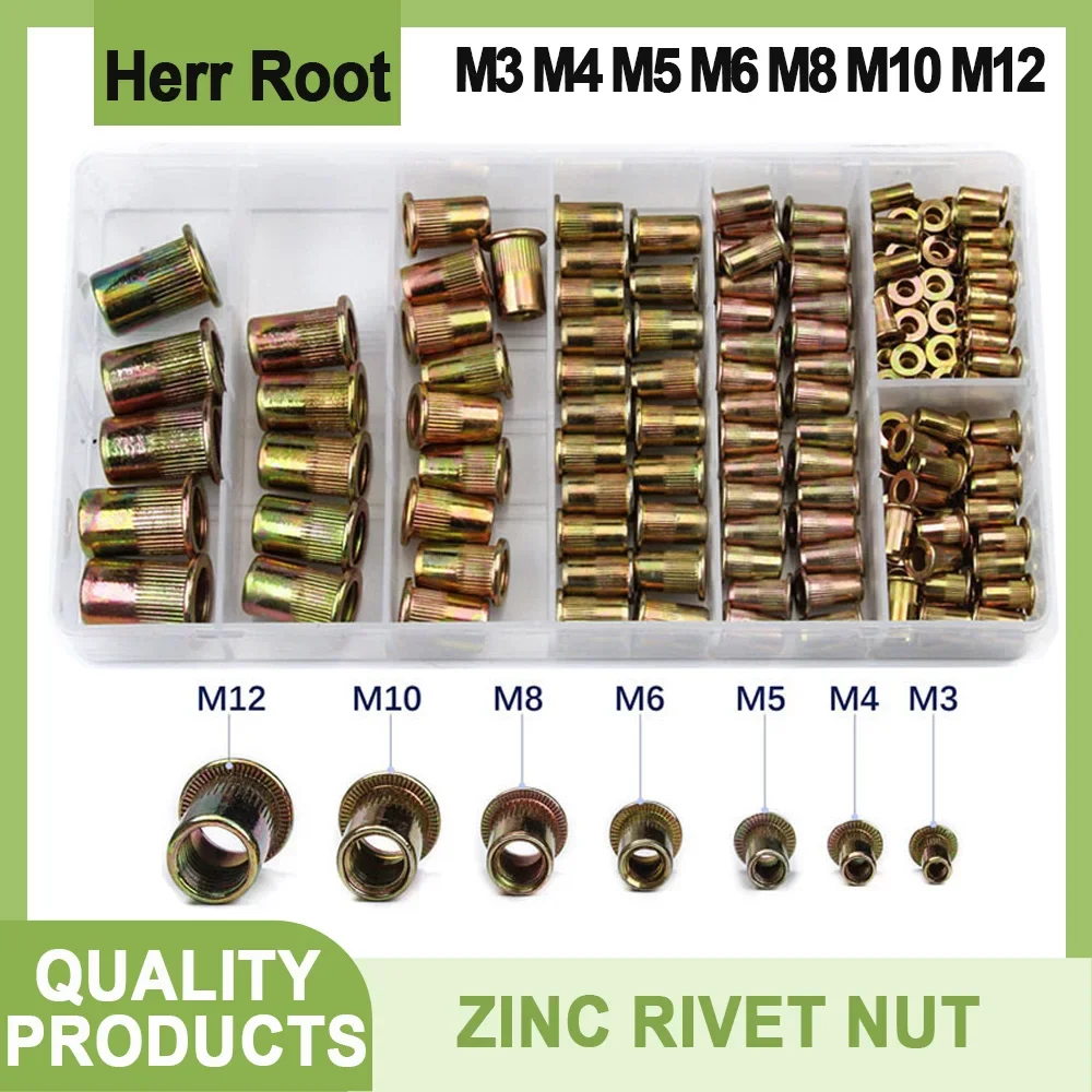 

M3 M4 M5 M6 M8 M10 M12 Carbon Steel Rivet Nut Zinc Plated Insert Threaded Fasten Kit 150Pcs Knurled Rivetnut Nutsert Flat Head