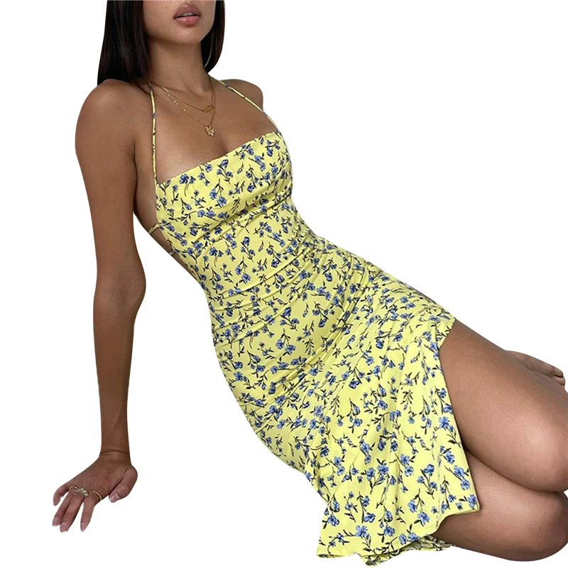 

2000s Women Floral Bodycon Dress Sexy Midi Backless Boho Clothes Elegant Lady Sleeveless Party Dresses Summer Beach Club Wear