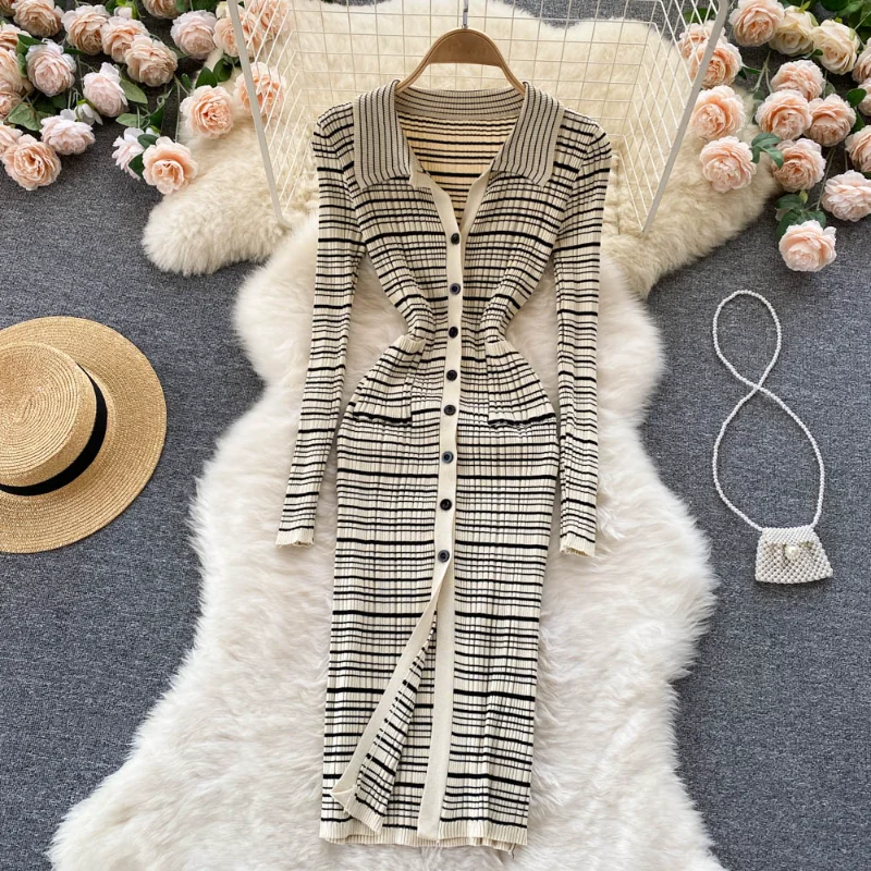 

Vintage Stripe Knit Dresses Women Single Breasted Turndown-Collar Slim Dress Autumn Winter Bodycon Split Sweater Dress