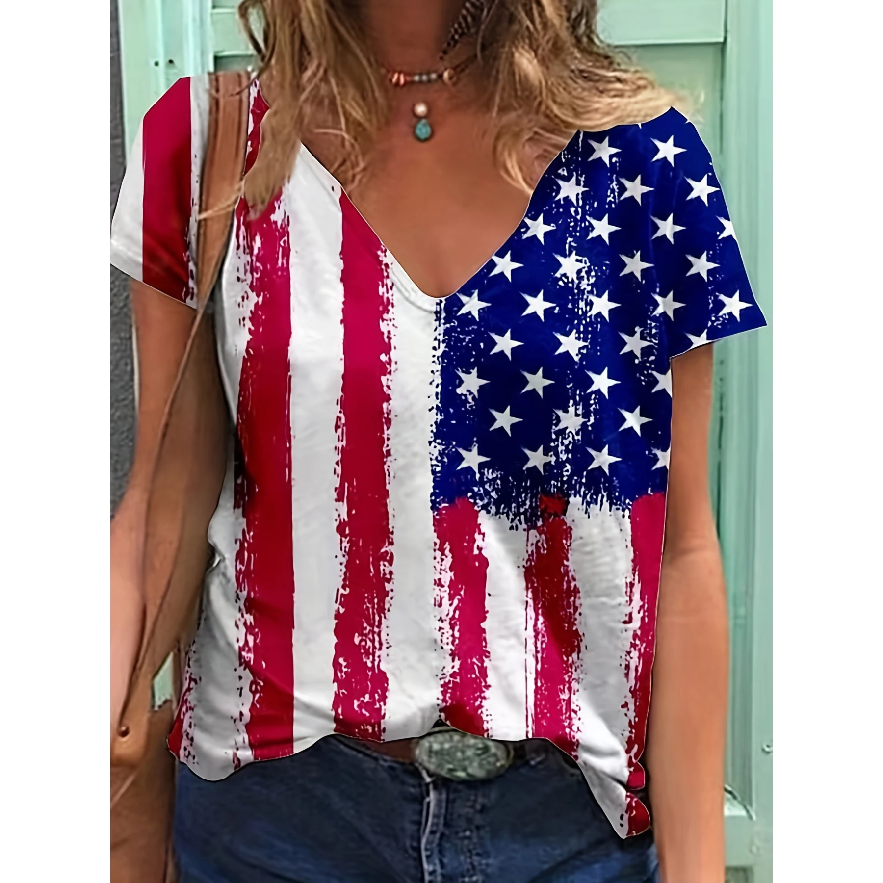 

Summer T-Shirt For Women American Flag Printing Tops Female Fashion US Flag Tees Short Sleeve Casual V-Neck Elegant Clothing