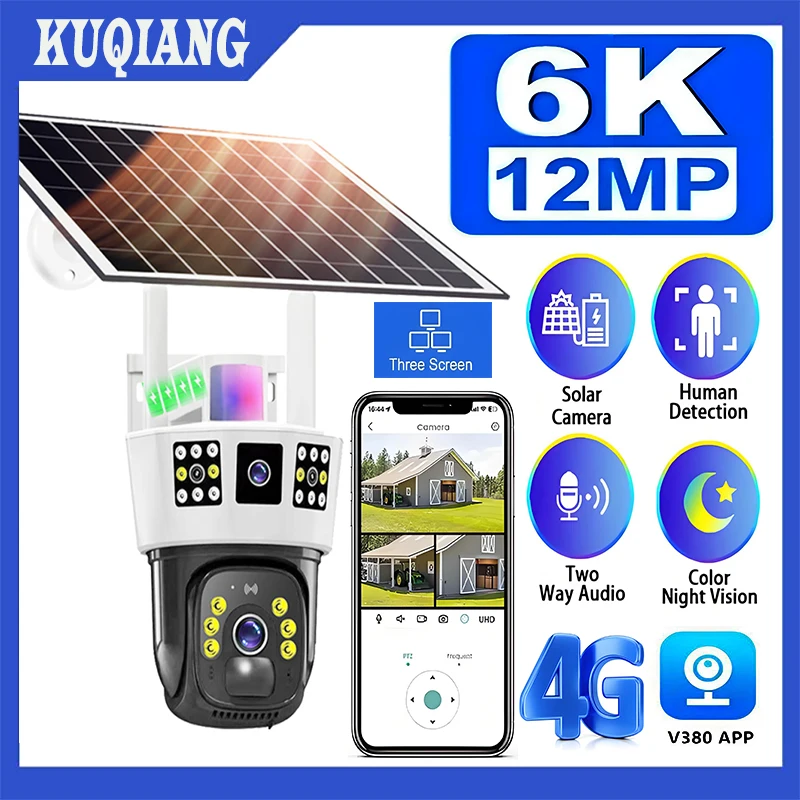 6K 12MP Солнечная камера 4G Sim Открытая сеть с тремя объективами PTZ-наблюдение батарея