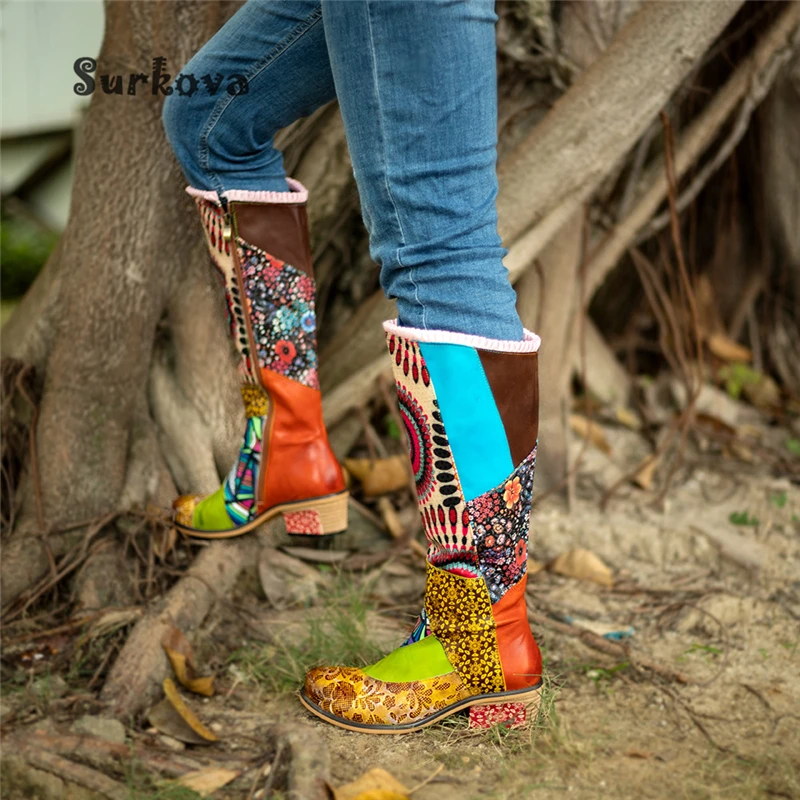 Retro Ethnic Style Women's Boots Gradient Lace Embroidery Prints Knee High Boots Round Toe Mid-Heeled Zip Punk Dress Party Shoes