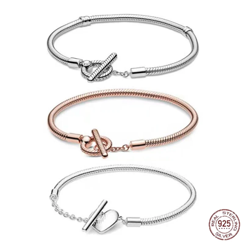 

925 Sterling Silver Love Snake Bone Chain Long Strips Concatenated T-Bar Heart Adjustment Bracelet fit Charm Beads DIY Jewelry