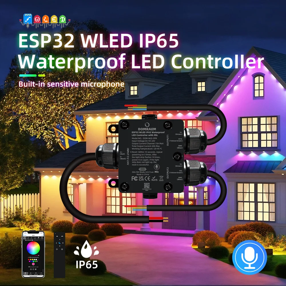 Фото IP65 Водонепроницаемый светодиодный контроллер DOMRAEM ESP32 WLED 2CH |   Наружное использование, предохранитель 20 А и синхронизация музыки |   Поддерживает микросхемы WS281X SK6812 APA102 №1