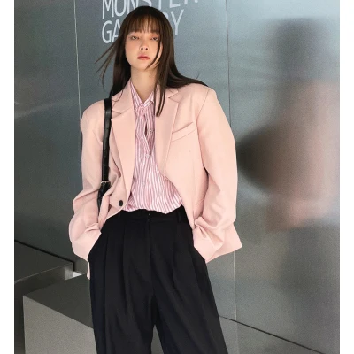 

Women Double Notch Lapel Sharp Shoulder Pad Office Blazer lovely pink jackets