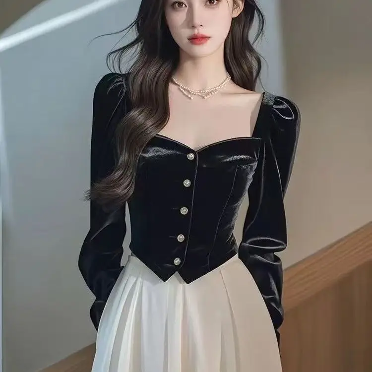 Роскошная французская синяя бархатная рубашка с квадратным воротником