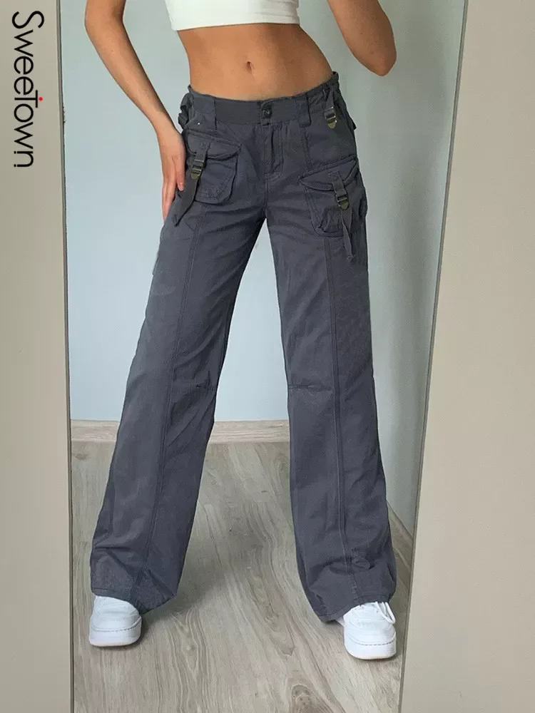 

New2022 Low Waist Cargo Pants Grunge Vintage New Jeans Woman Pockets Streetwear Preppy Style Straight Girl Denim Trousers 90s