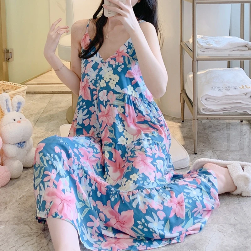 Ночные рубашки на бретелях-спагетти Женская милая одежда для сна с цветочным
