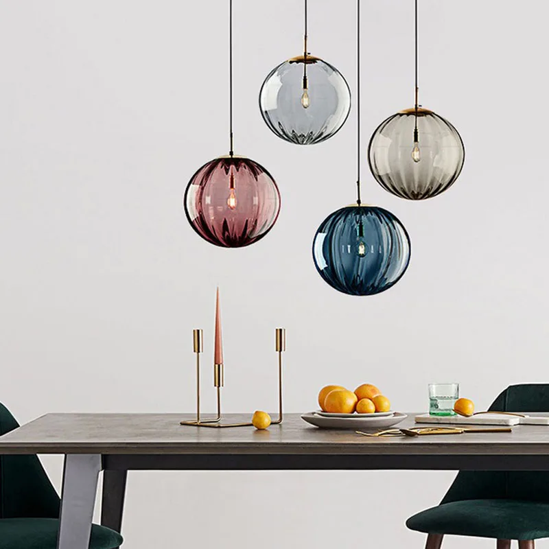 

Modern Colored Glass Ball Lustre Pendant Lights Nordic Water Grain Restaurant Kitchen Hanging Light Fixture Bedroom Bedside Lamp