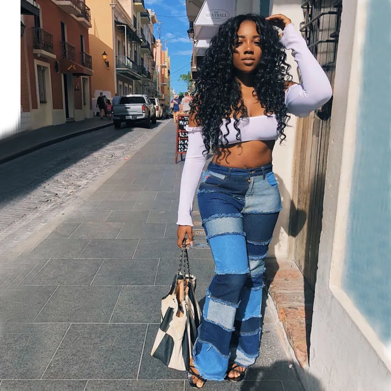 

Color Block High Waist Flare Jeans With Pockets Streetwear Sexy Trousers Bell Bottoms Skinny Patchwork Denim Jean Pants Vaqueros